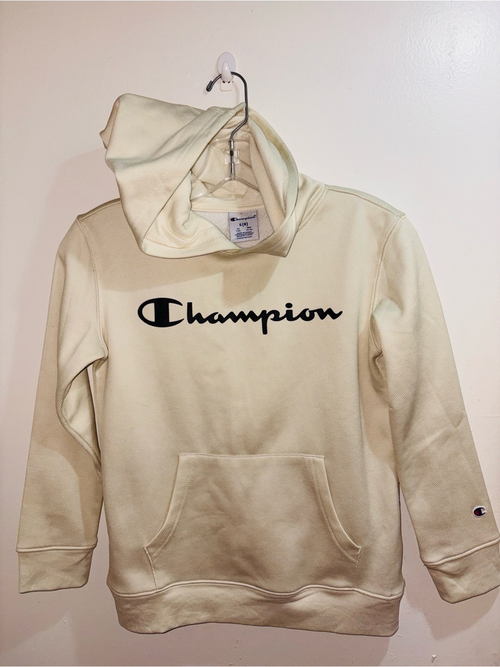 Champion Kids Script Logo Pullover Hoodie Cream Small (8)